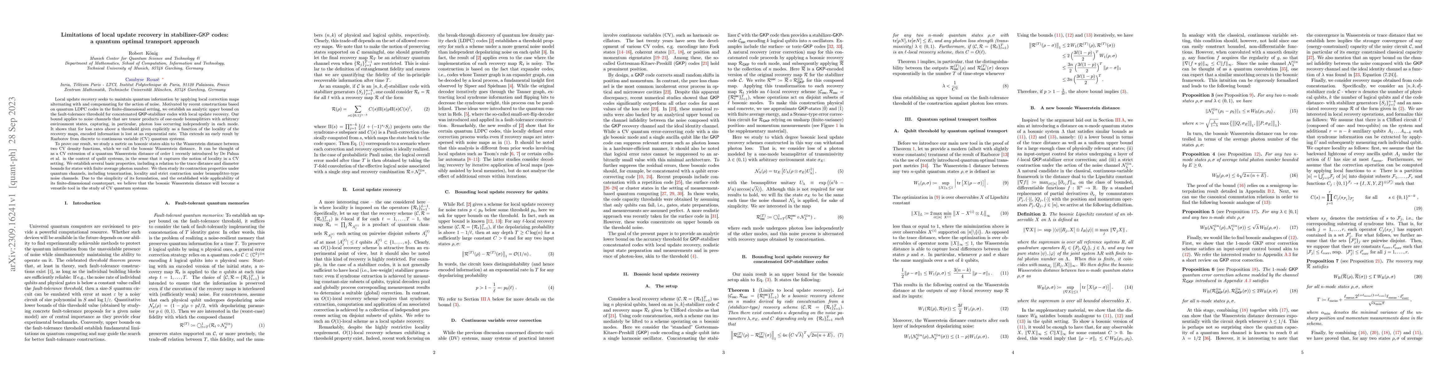 Thumbnail for Limitations of local update recovery in stabilizer-GKP codes: a quantum
  optimal transport approach