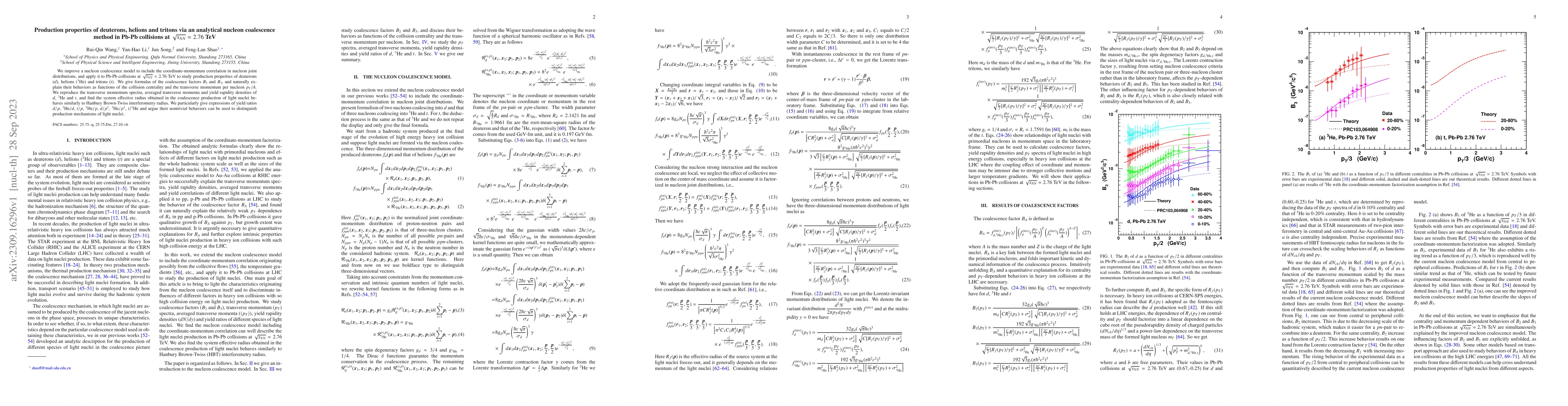 Thumbnail for Production properties of deuterons, helions and tritons via an
  analytical nucleon coalescence method in Pb-Pb collisions at
  $\sqrt{s_{NN}}=2.76$ TeV