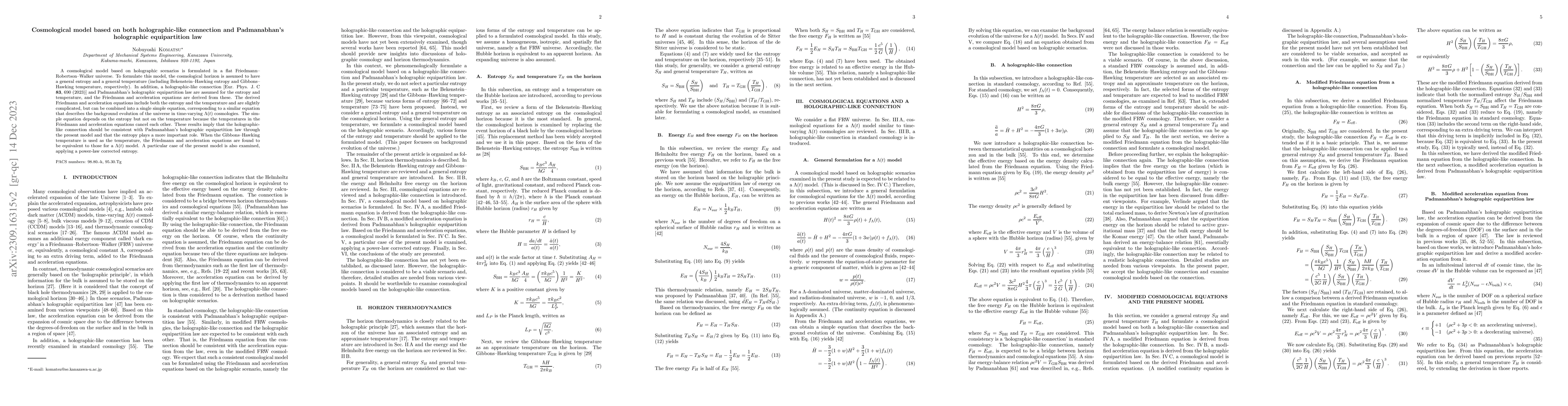 Thumbnail for Cosmological model based on both holographic-like connection and
  Padmanabhan's holographic equipartition law