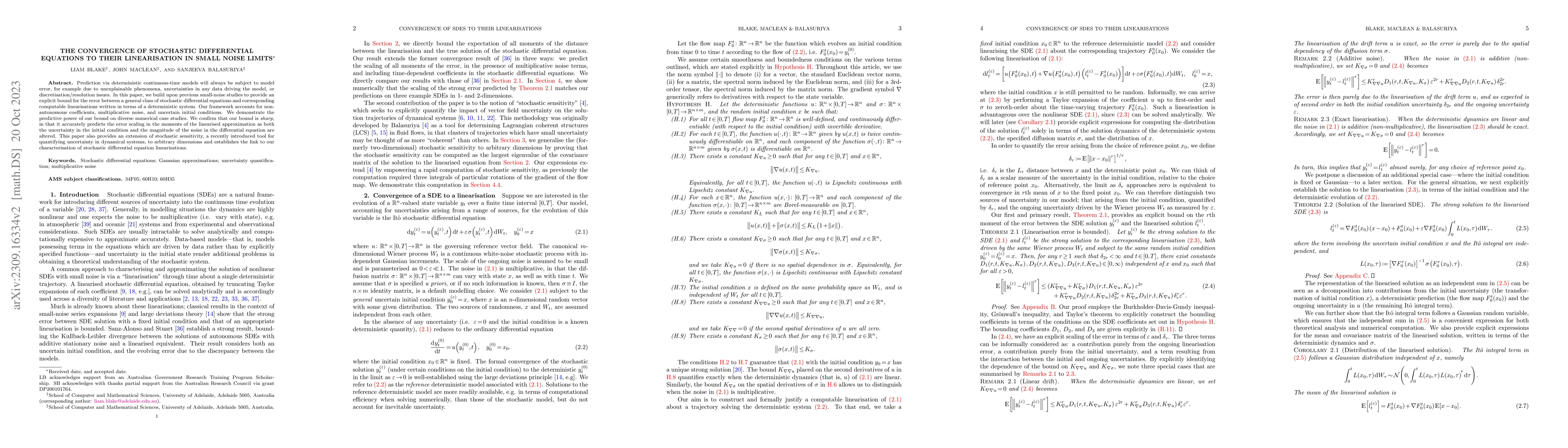 Thumbnail for The convergence of stochastic differential equations to their
  linearisation in small noise limits