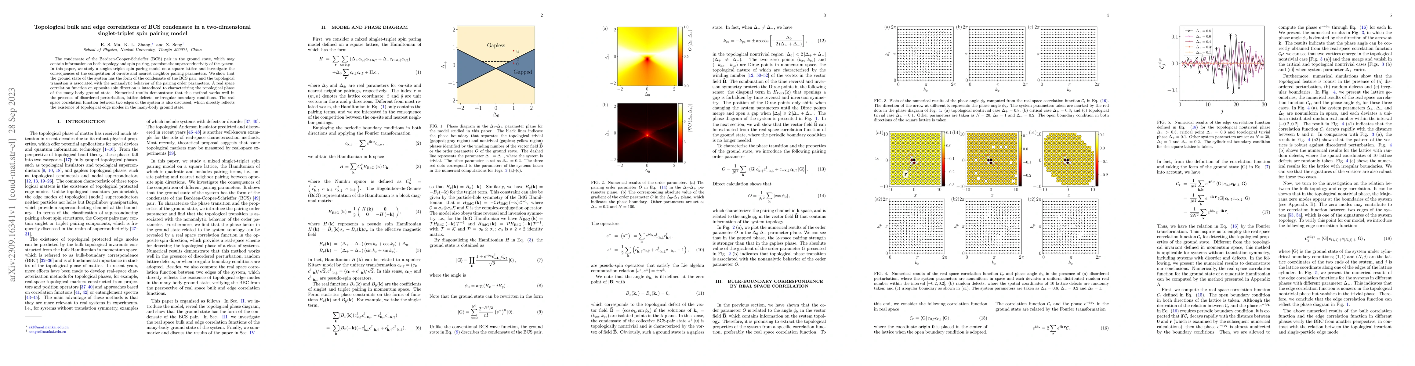 Thumbnail for Topological bulk and edge correlations of BCS condensate in a
  two-dimensional singlet-triplet spin pairing model