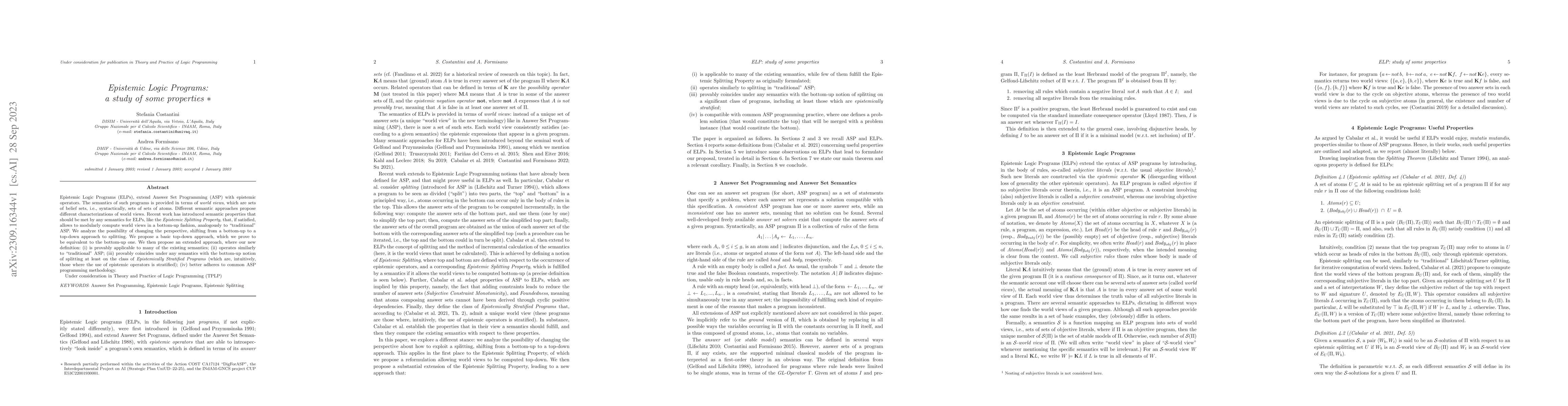 Thumbnail for Epistemic Logic Programs: a study of some properties