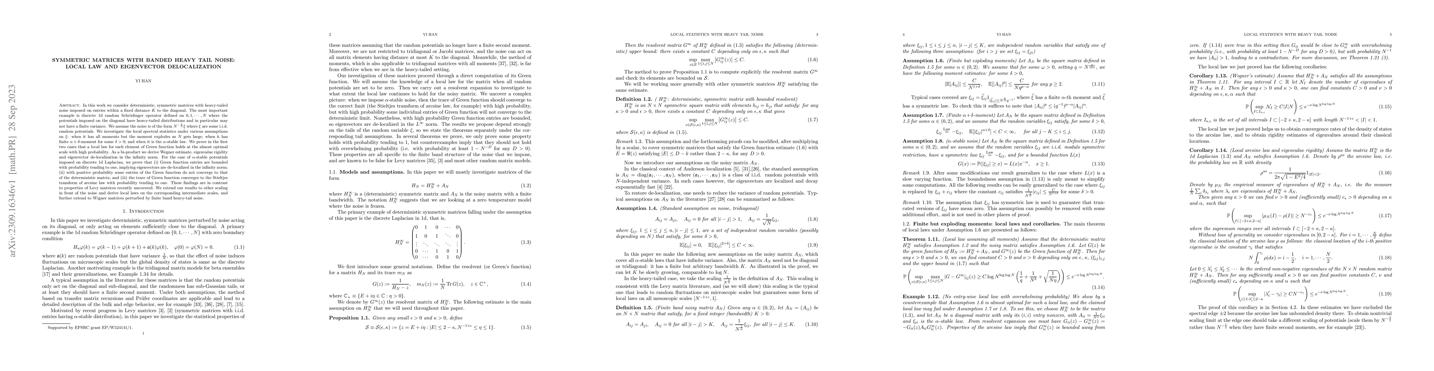 Thumbnail for Symmetric matrices with banded heavy tail noise: local law and
  eigenvector delocalization