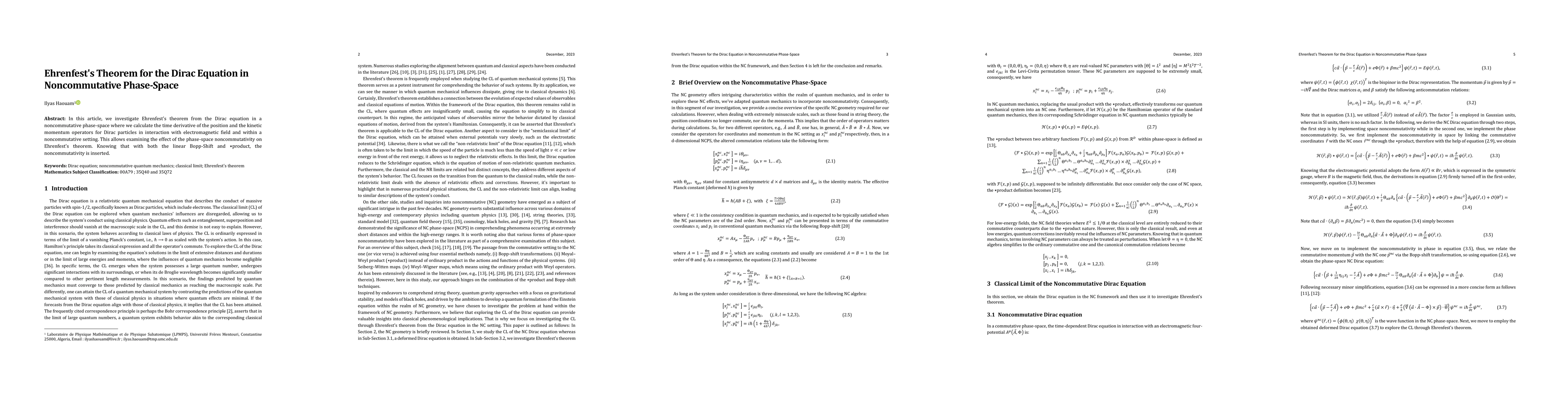 Thumbnail for Ehrenfest's Theorem for the Dirac Equation in Noncommutative Phase-Space