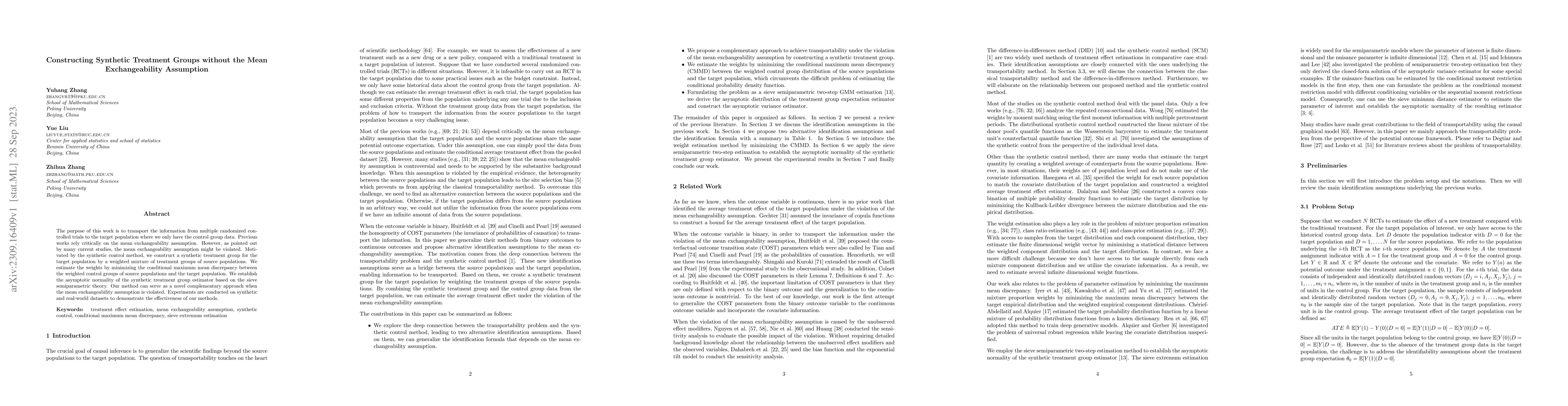 Thumbnail for Constructing Synthetic Treatment Groups without the Mean Exchangeability
  Assumption