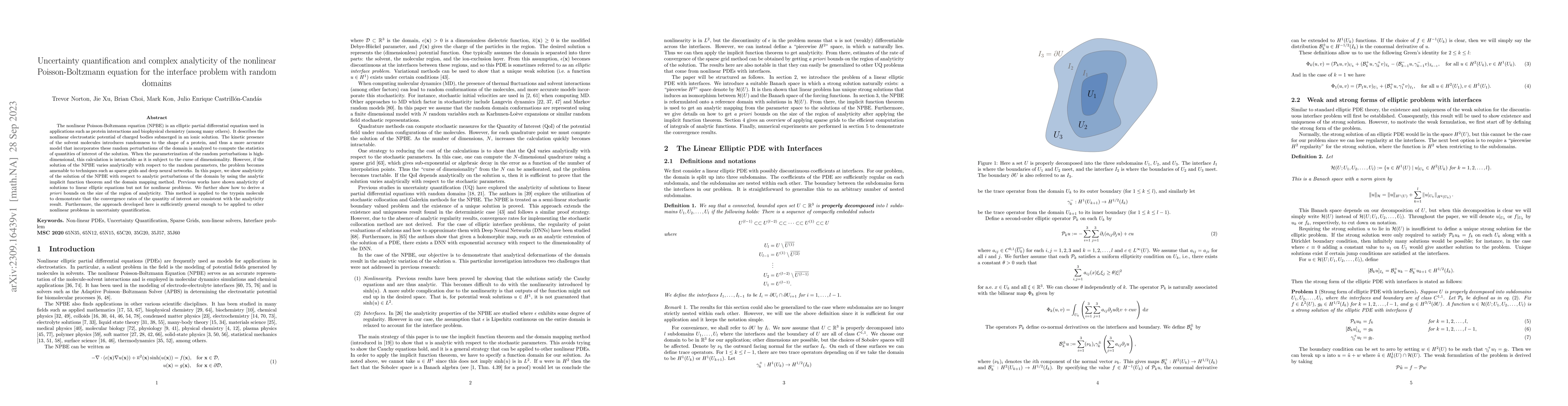 Thumbnail for Uncertainty quantification and complex analyticity of the nonlinear
  Poisson-Boltzmann equation for the interface problem with random domains