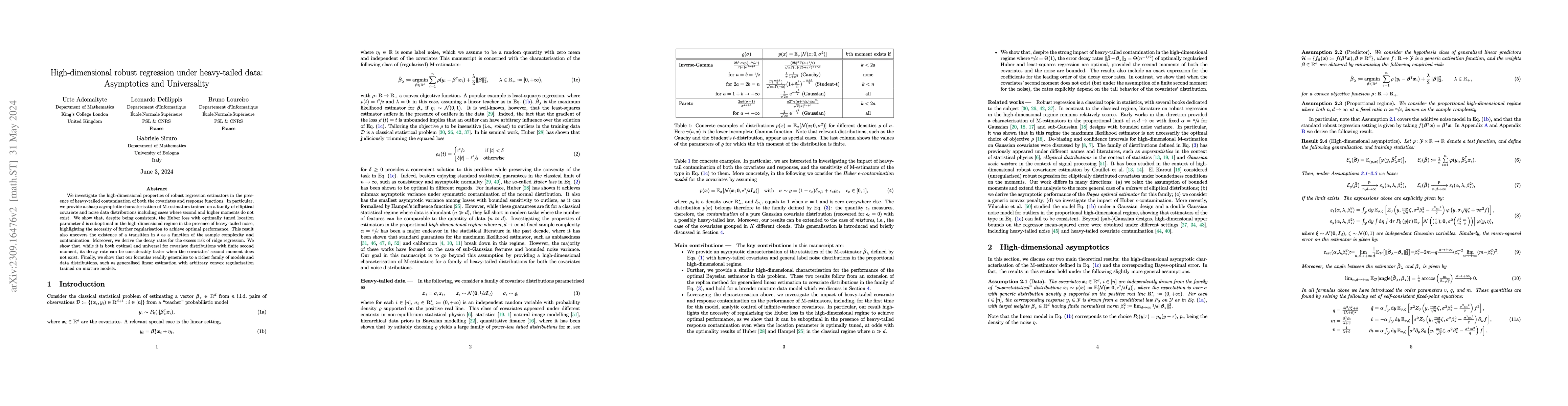 Thumbnail for High-dimensional robust regression under heavy-tailed data: Asymptotics
  and Universality