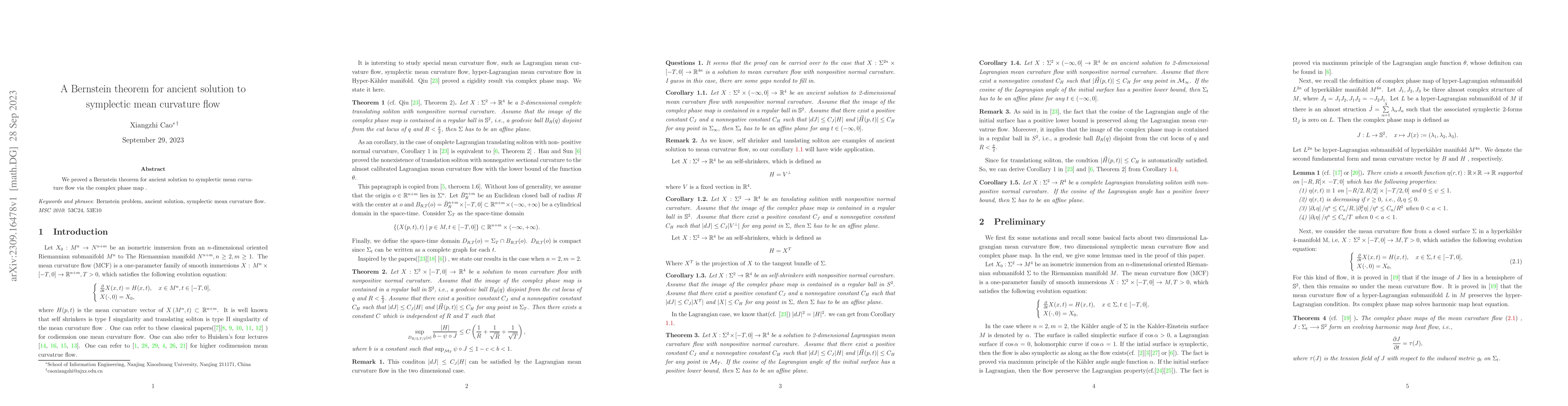 Thumbnail for A Bernstein theorem for ancient solution to symplectic mean curvature
  flow