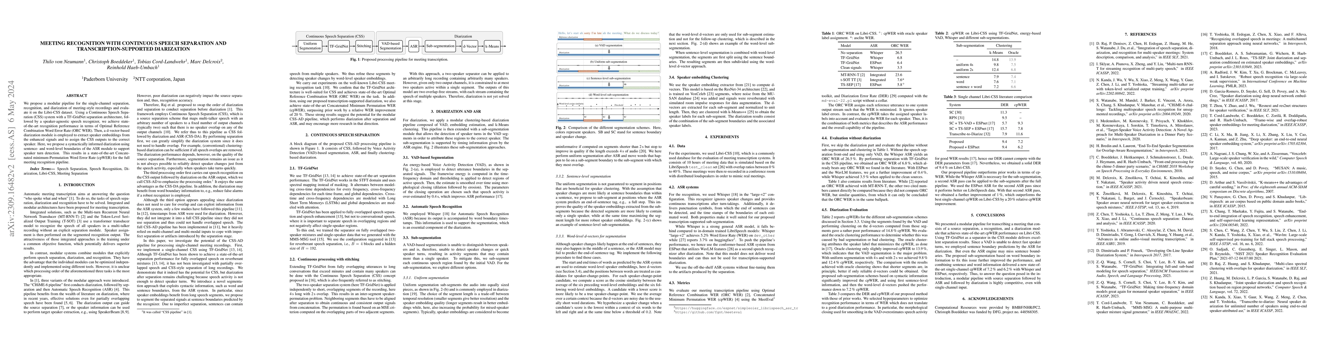 Thumbnail for Meeting Recognition with Continuous Speech Separation and
  Transcription-Supported Diarization