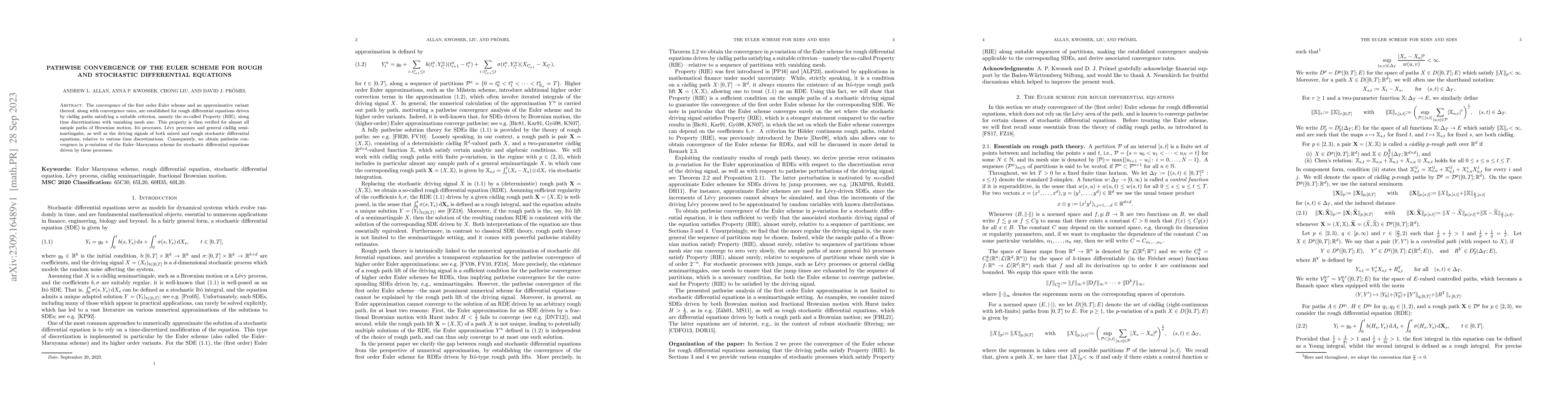 Thumbnail for Pathwise convergence of the Euler scheme for rough and stochastic
  differential equations