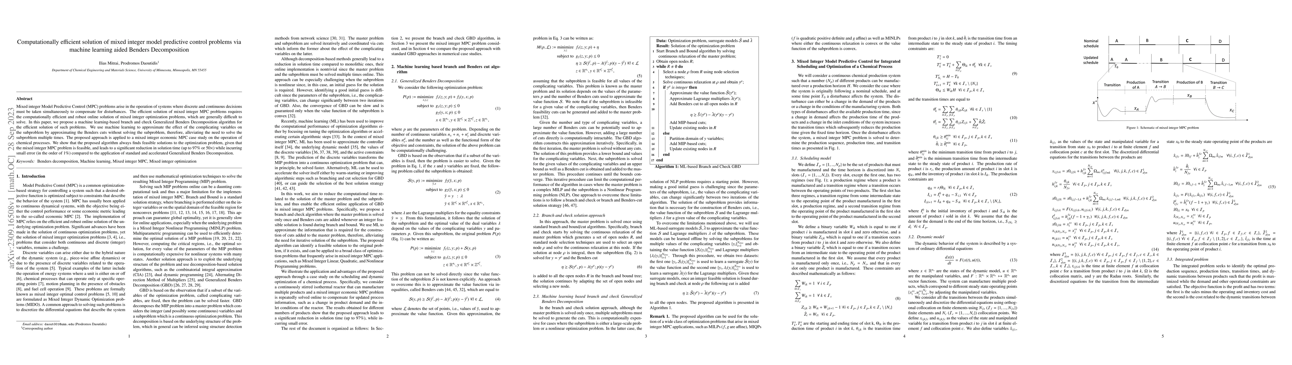 Thumbnail for Computationally efficient solution of mixed integer model predictive
  control problems via machine learning aided Benders Decomposition