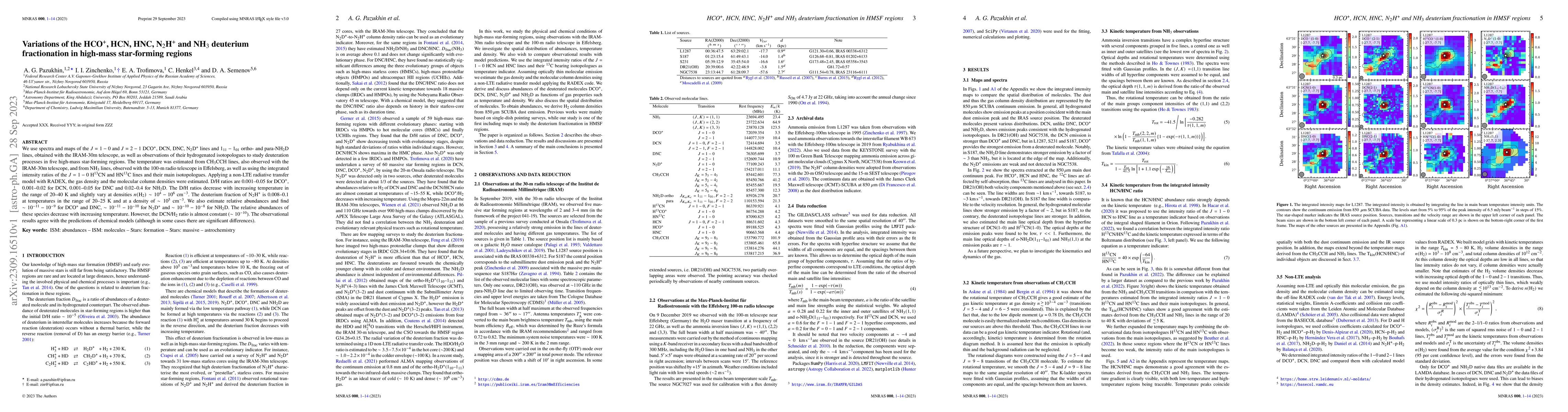 Thumbnail for Variations of the HCO$^{+}$, HCN, HNC, N$_2$H$^+$ and NH$_{3}$ deuterium
  fractionation in high-mass star-forming regions