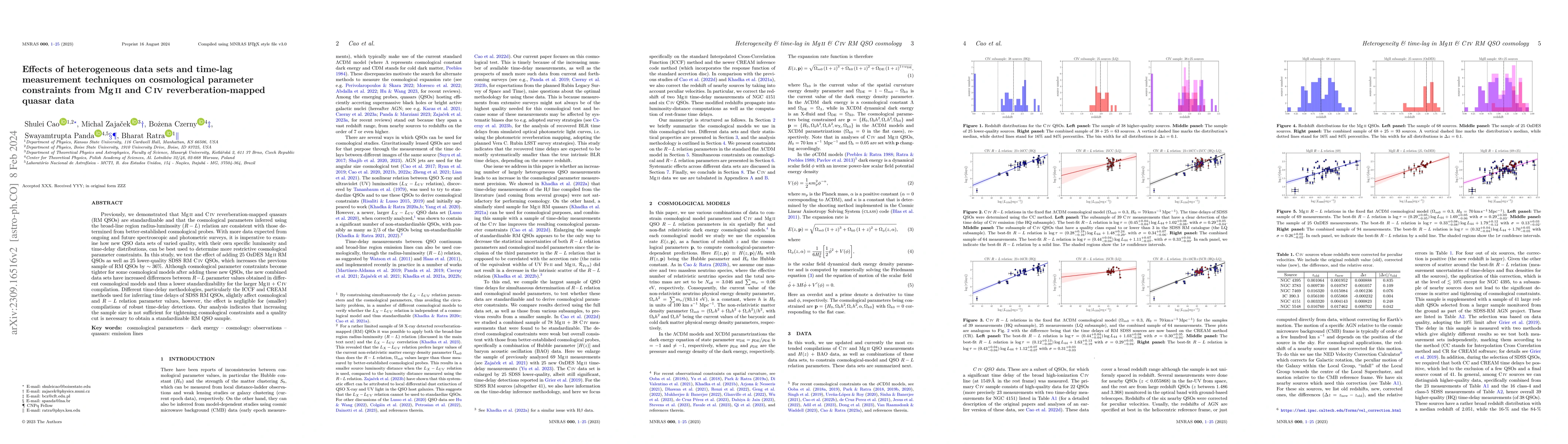 Thumbnail for Effects of heterogeneous data sets and time-lag measurement techniques
  on cosmological parameter constraints from MgII and CIV reverberation-mapped
  quasar data