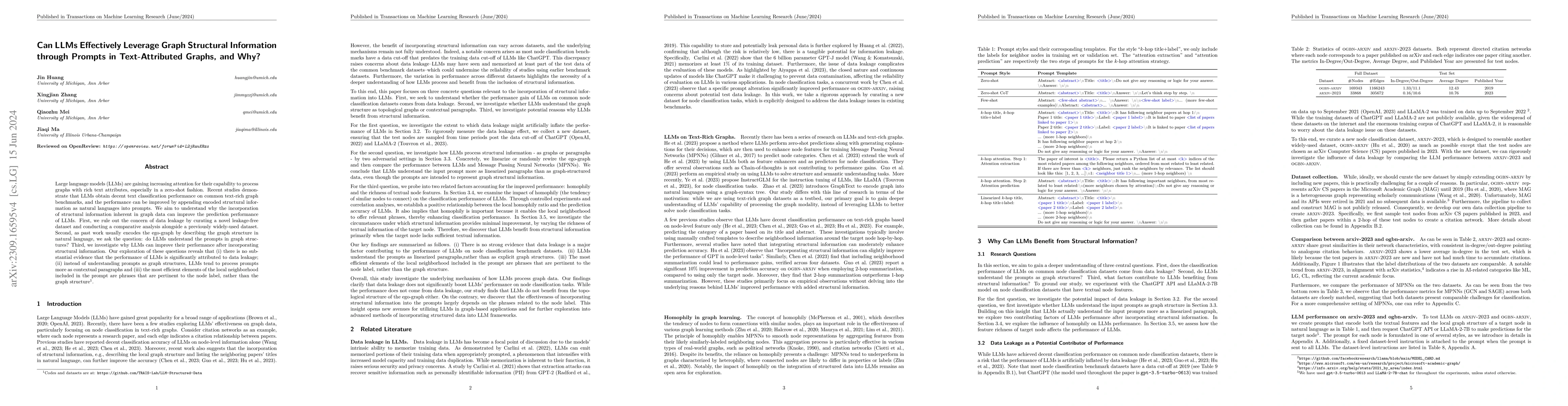 Thumbnail for Can LLMs Effectively Leverage Graph Structural Information through
  Prompts, and Why?