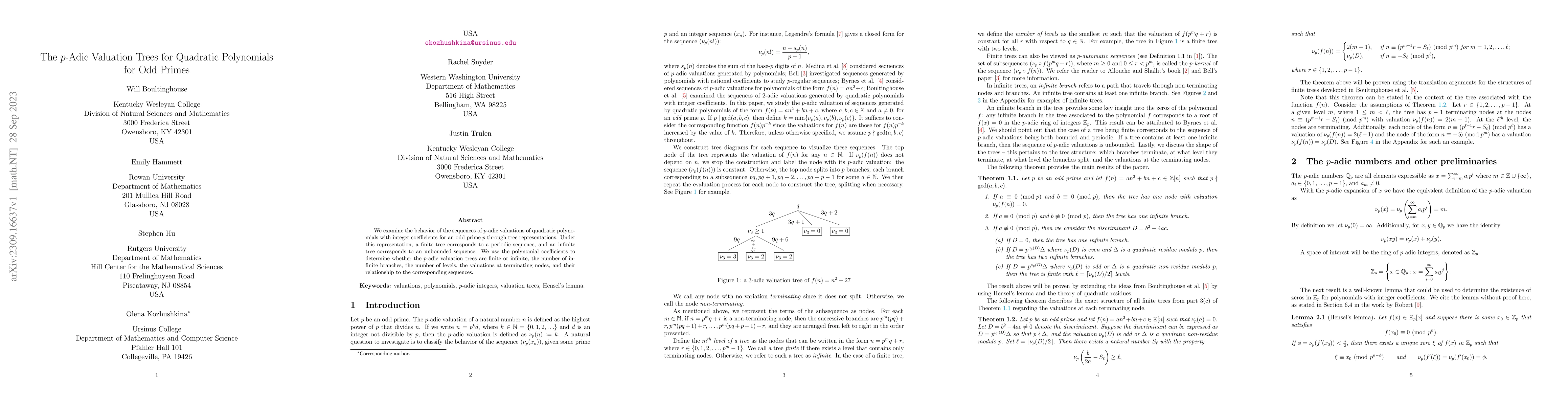 Thumbnail for The $p$-Adic Valuation Trees for Quadratic Polynomials for Odd Primes