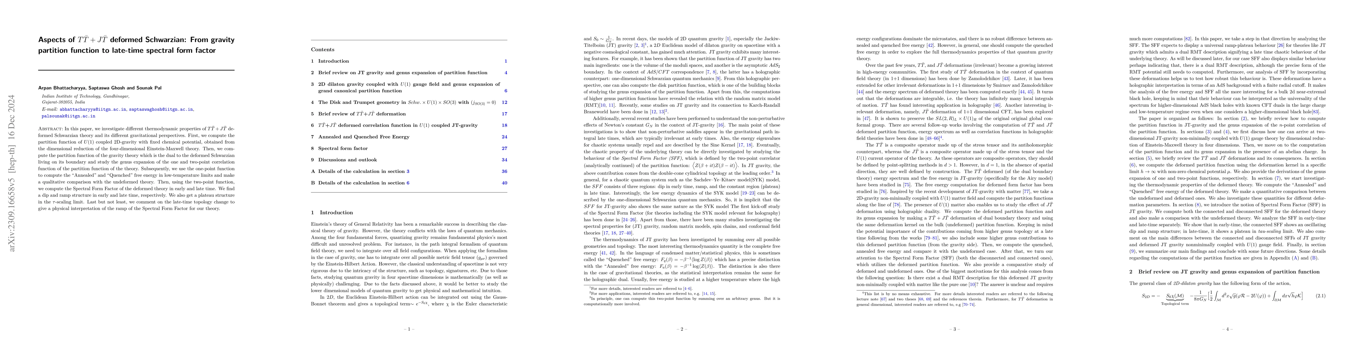 Thumbnail for Aspects of $T\bar{T}+J\bar{T }$ deformed 2D topological gravity : from
  partition function to late-time SFF