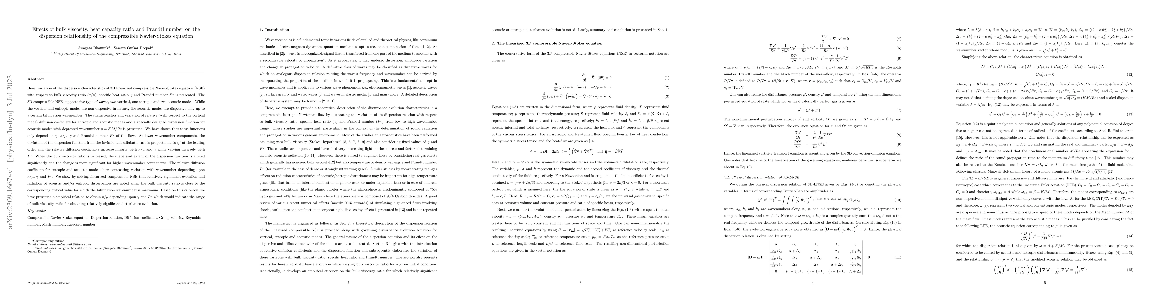 Thumbnail for Effects of bulk viscosity, heat capacity ratio and Prandtl number on the
  dispersion relationship of the compressible Navier-Stokes equation