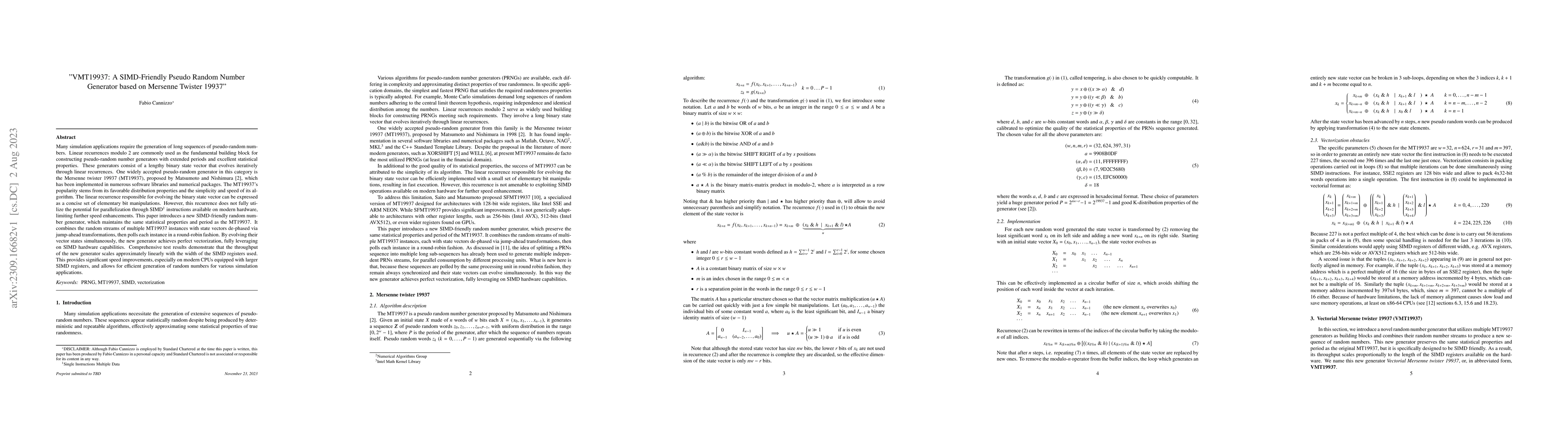 Thumbnail for VMT19937: A SIMD-Friendly Pseudo Random Number Generator based on
  Mersenne Twister 19937