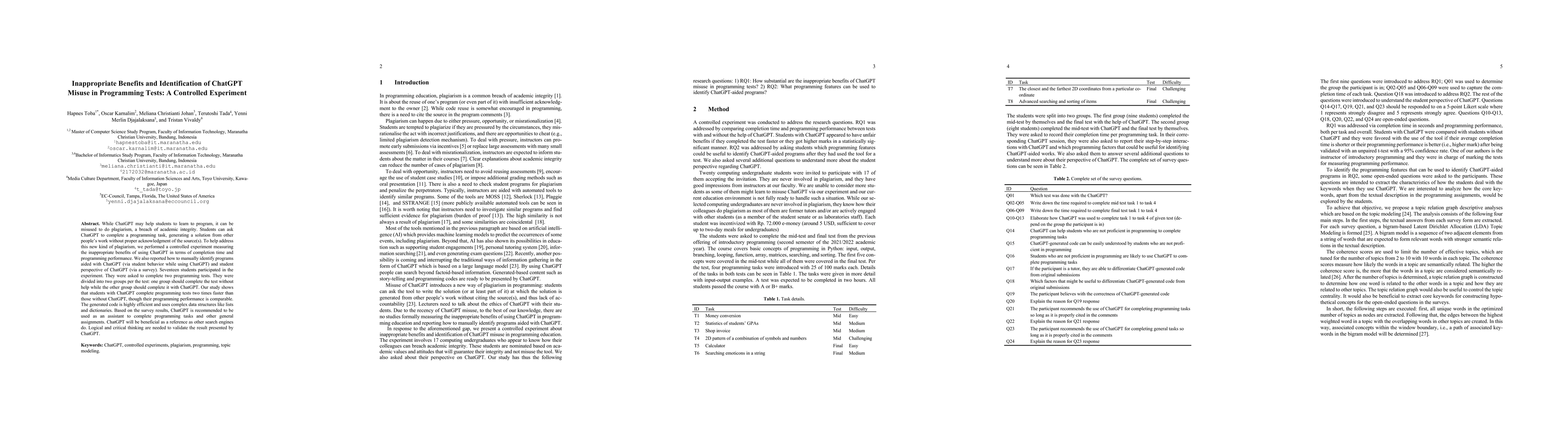 Thumbnail for Inappropriate Benefits and Identification of ChatGPT Misuse in
  Programming Tests: A Controlled Experiment