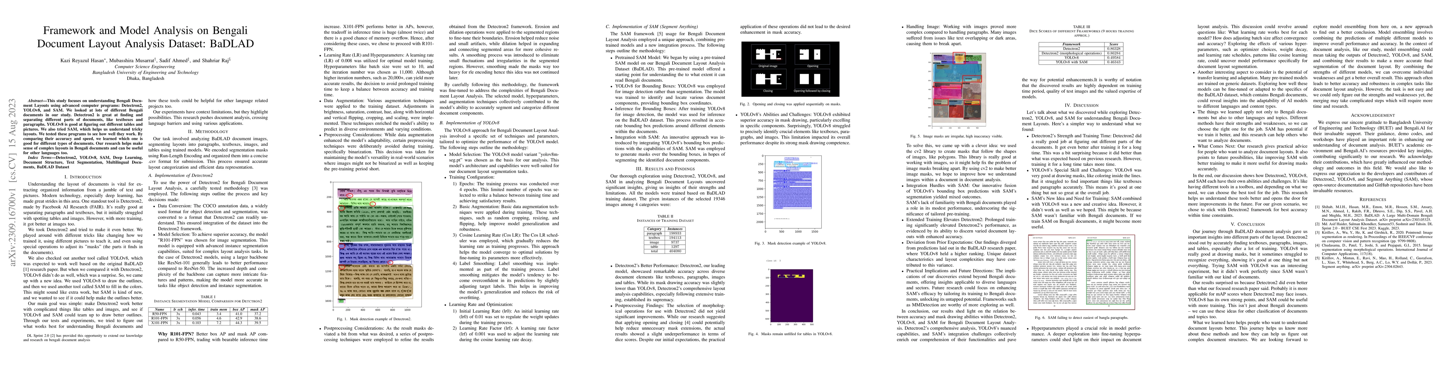 Thumbnail for Framework and Model Analysis on Bengali Document Layout Analysis
  Dataset: BaDLAD