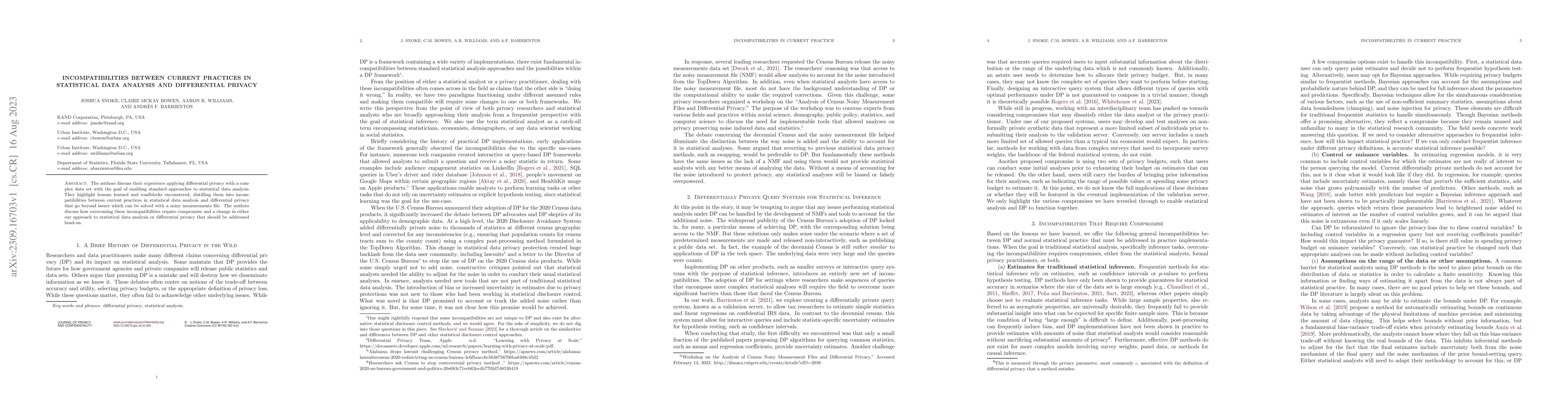 Thumbnail for Incompatibilities Between Current Practices in Statistical Data Analysis
  and Differential Privacy