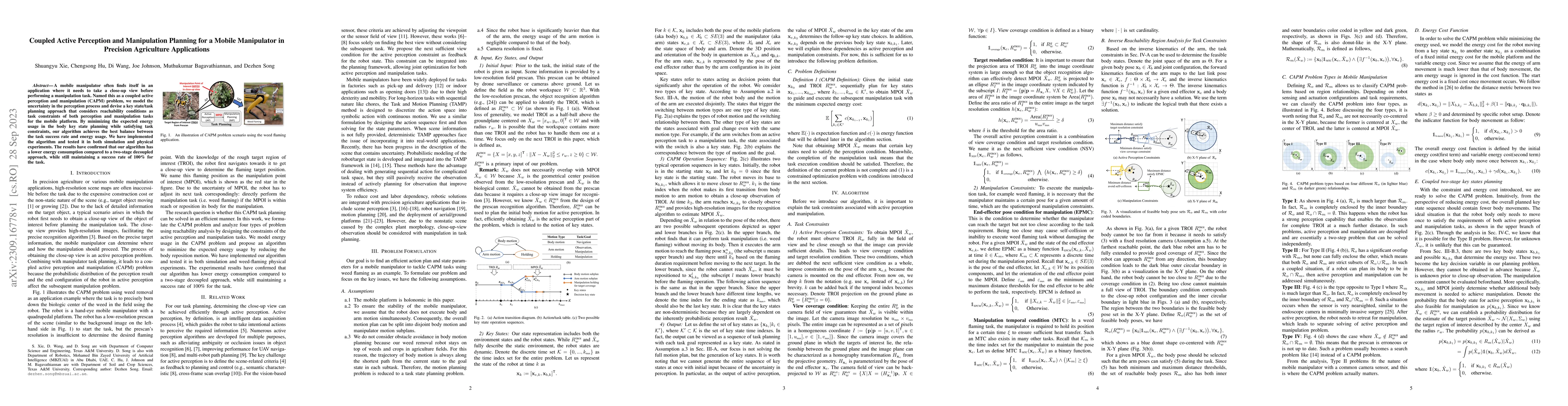Thumbnail for Coupled Active Perception and Manipulation Planning for a Mobile
  Manipulator in Precision Agriculture Applications