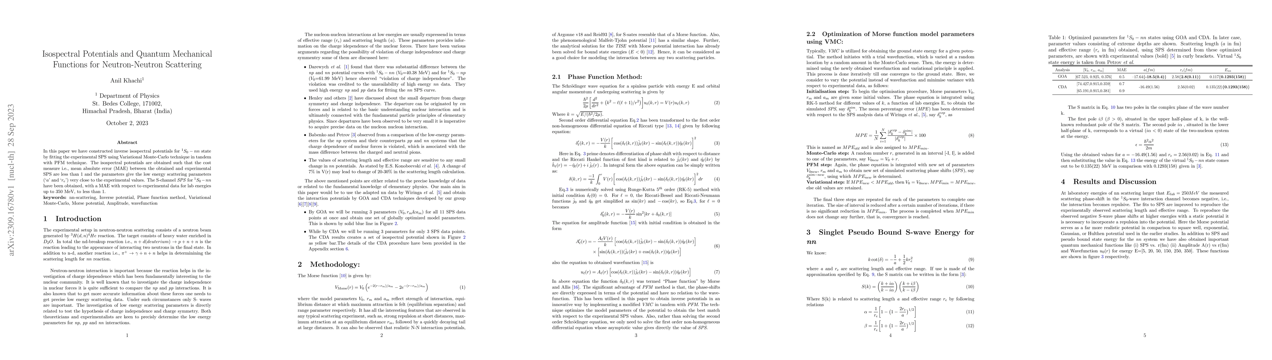 Thumbnail for Isospectral Potentials and Quantum Mechanical Functions for
  Neutron-Neutron Scattering