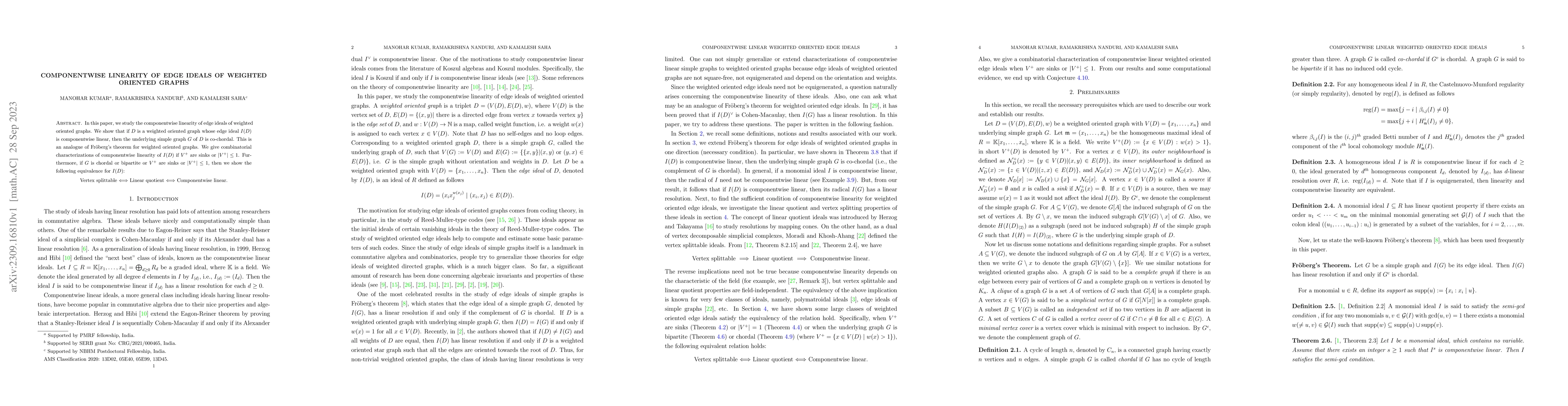 Thumbnail for Componentwise linearity of edge ideals of weighted oriented graphs