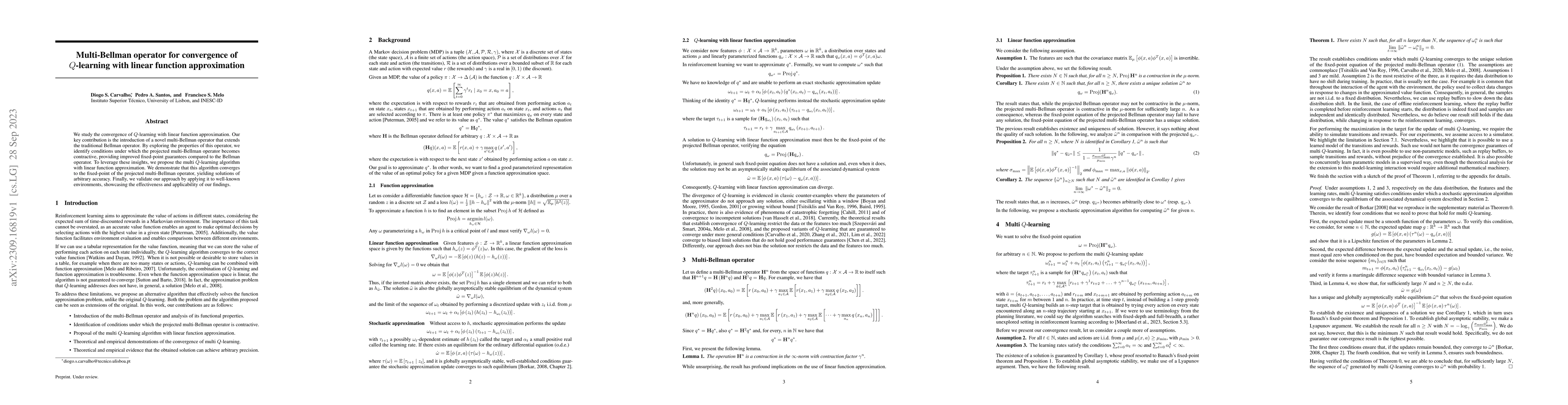 Thumbnail for Multi-Bellman operator for convergence of $Q$-learning with linear
  function approximation