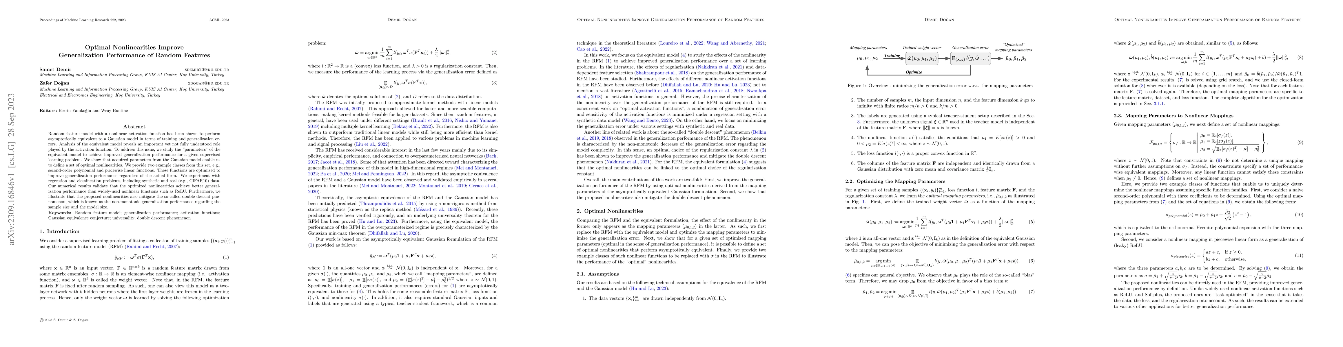 Thumbnail for Optimal Nonlinearities Improve Generalization Performance of Random
  Features