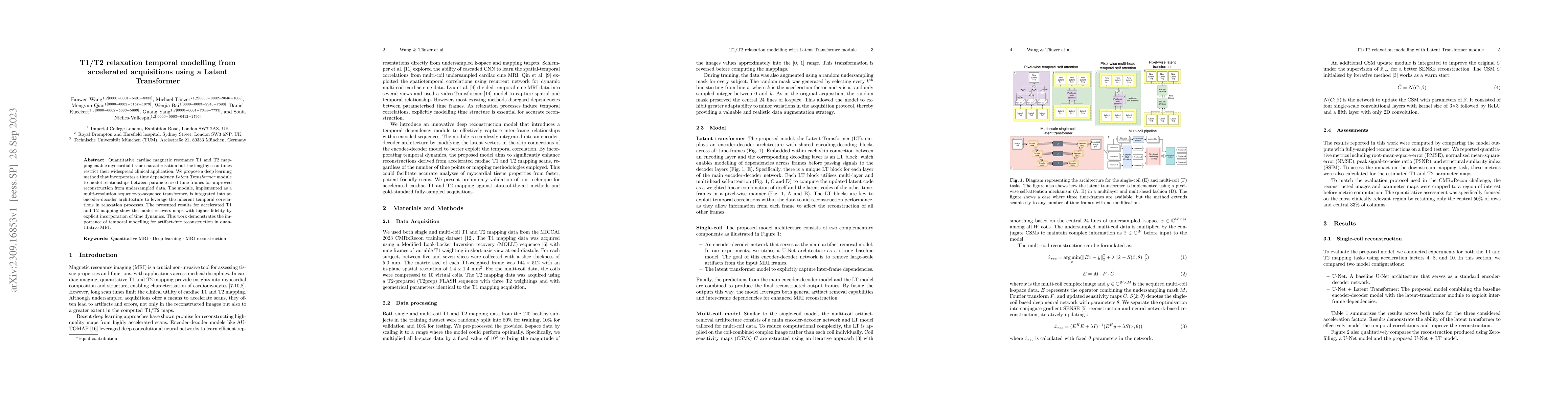 Thumbnail for T1/T2 relaxation temporal modelling from accelerated acquisitions using
  a Latent Transformer
