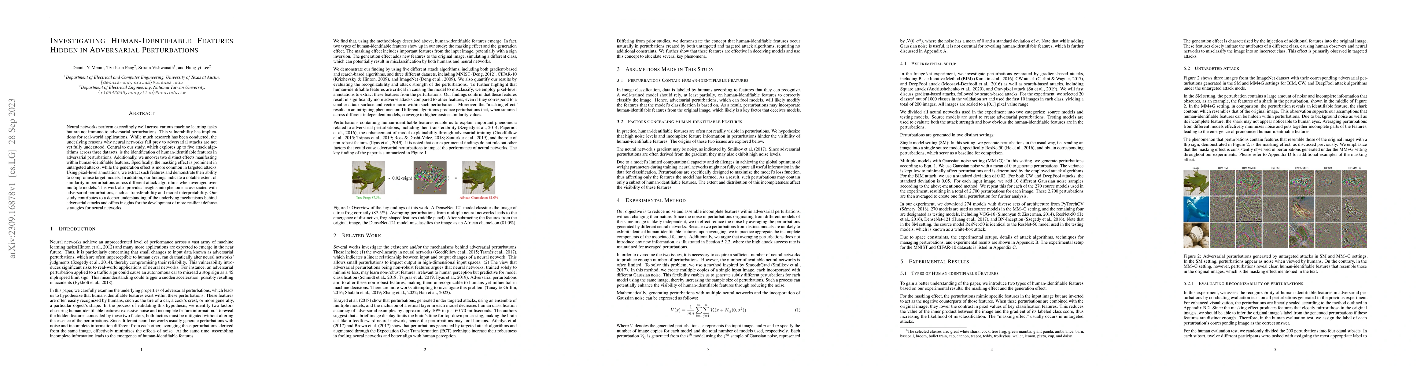 Thumbnail for Investigating Human-Identifiable Features Hidden in Adversarial
  Perturbations