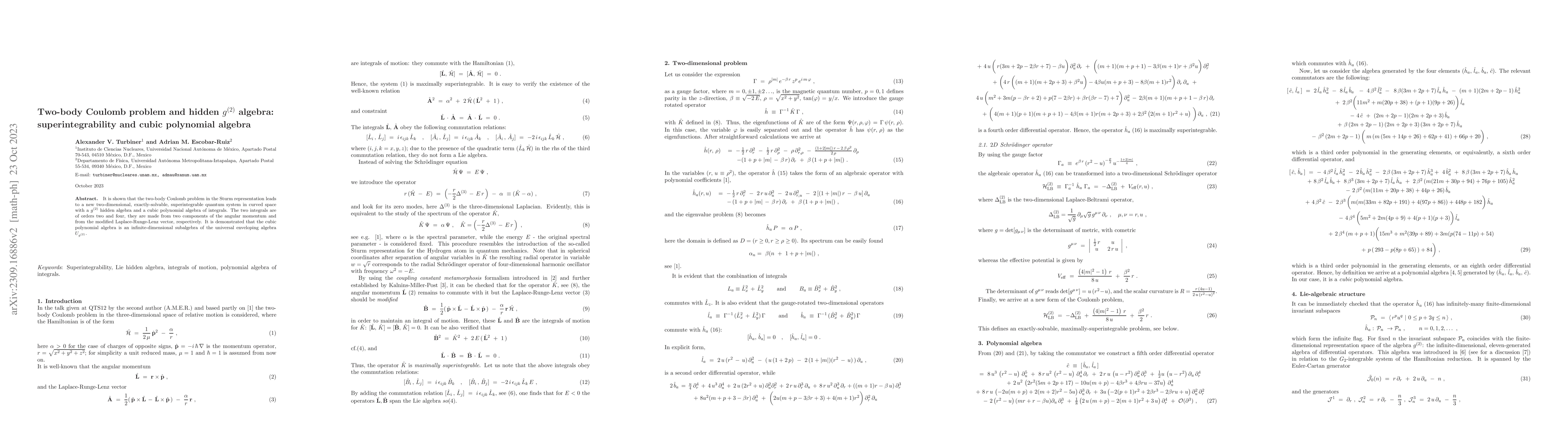 Thumbnail for Two-body Coulomb problem and hidden $g^{(2)}$ algebra:
  superintegrability and cubic polynomial algebra