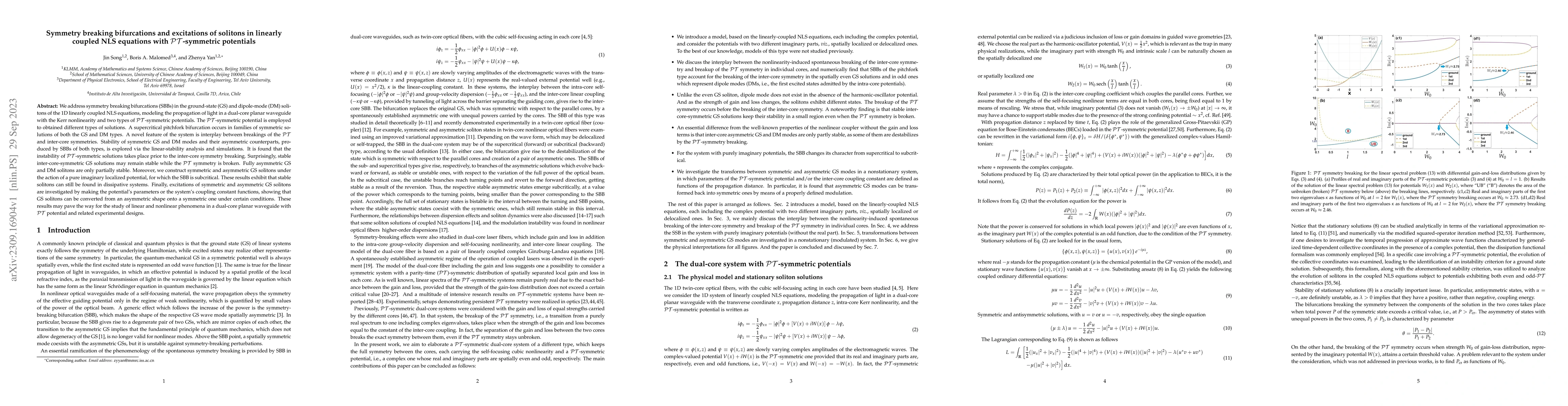 Thumbnail for Symmetry breaking bifurcations and excitations of solitons in linearly
  coupled NLS equations with PT-symmetric potentials