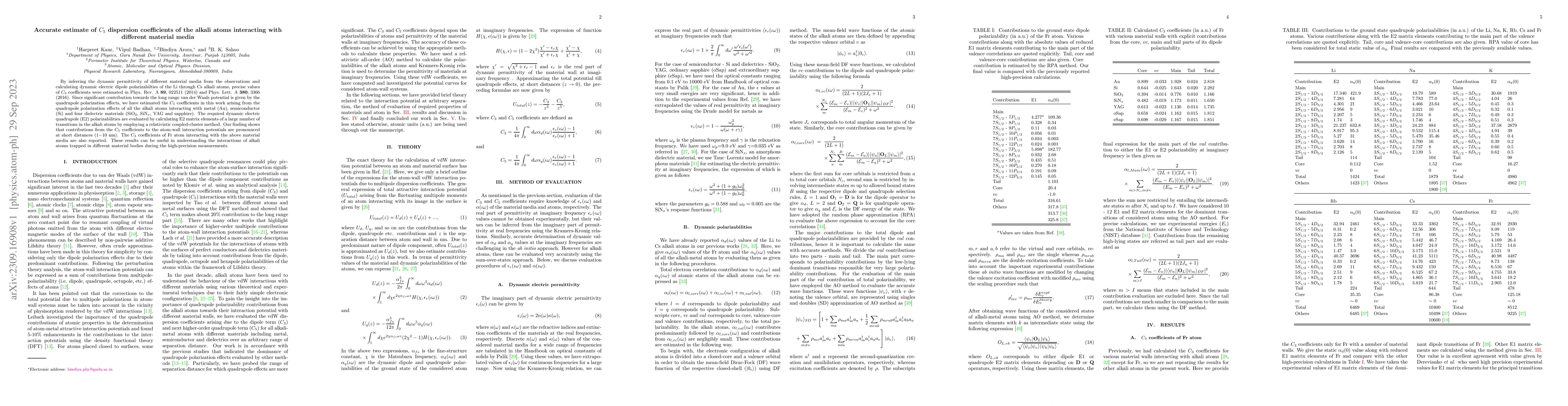 Thumbnail for Accurate estimate of $C_5$ dispersion coefficients of the alkali atoms
  interacting with different material media