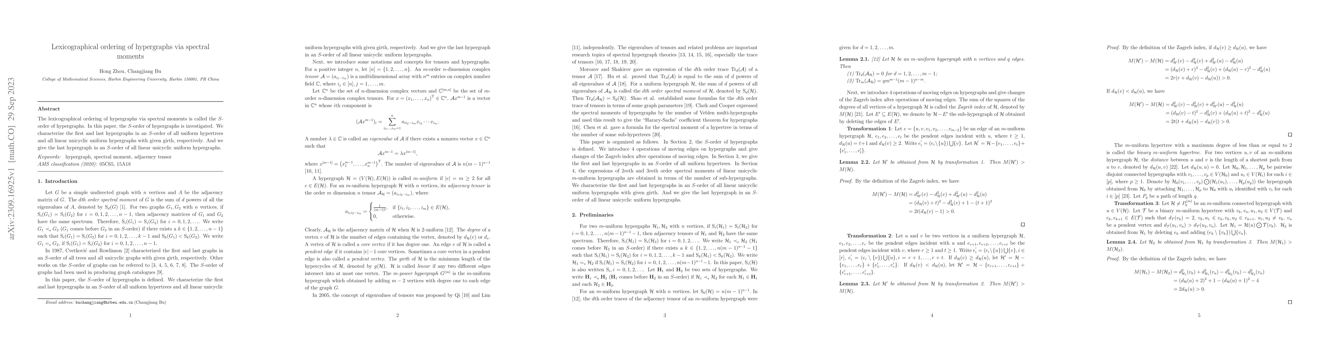 Thumbnail for Lexicographical ordering of hypergraphs via spectral moment