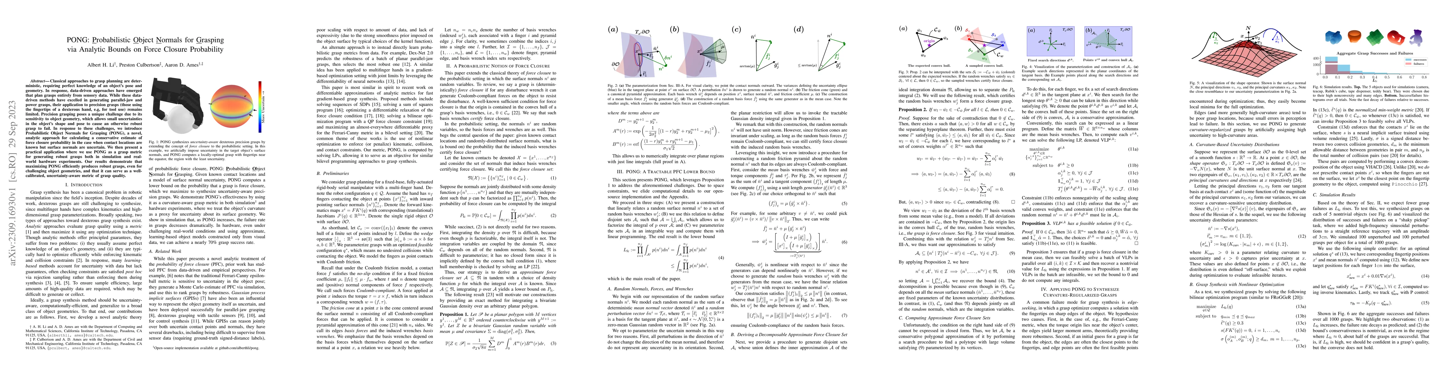 Thumbnail for PONG: Probabilistic Object Normals for Grasping via Analytic Bounds on
  Force Closure Probability
