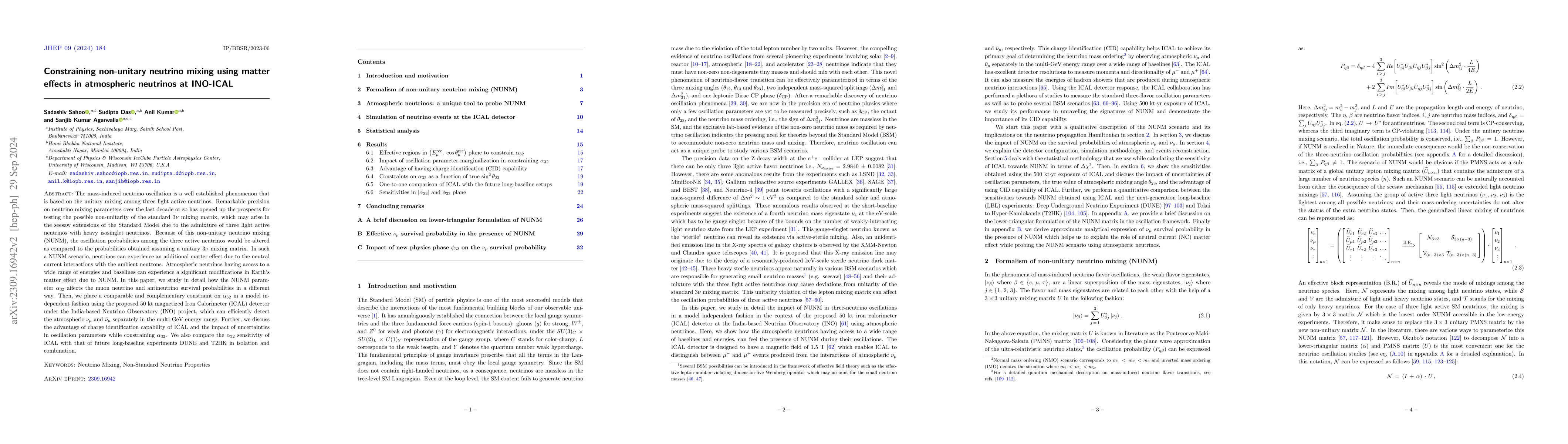 Thumbnail for Constraining non-unitary neutrino mixing using matter effects in
  atmospheric neutrinos at INO-ICAL