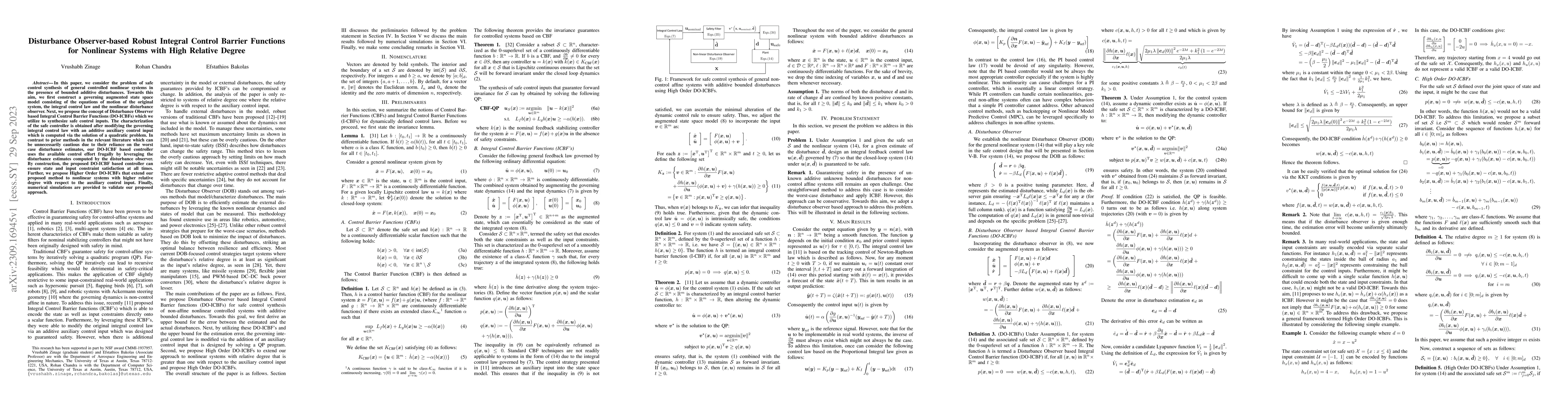 Thumbnail for Disturbance Observer-based Robust Integral Control Barrier Functions for
  Nonlinear Systems with High Relative Degree