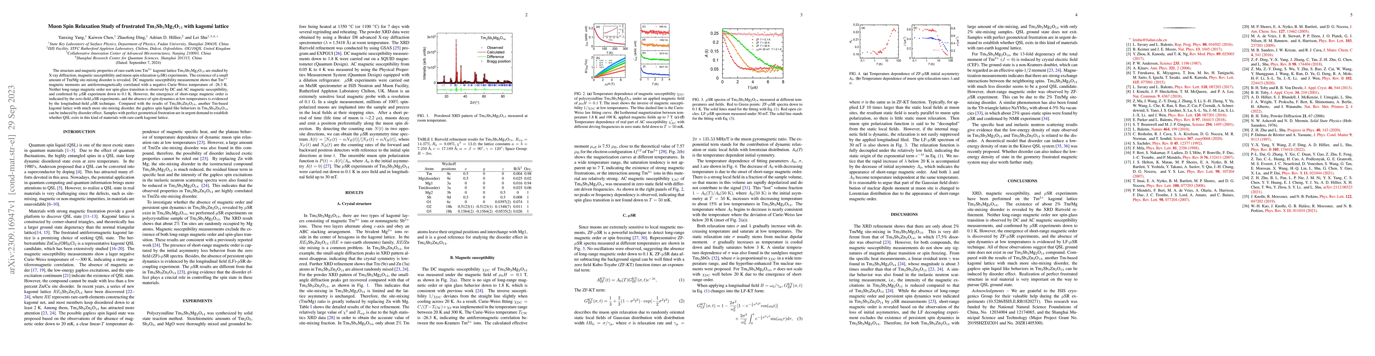 Thumbnail for Muon Spin Relaxation Study of frustrated Tm$_3$Sb$_3$Mg$_2$O$_{14}$ with
  kagom\'{e} lattice