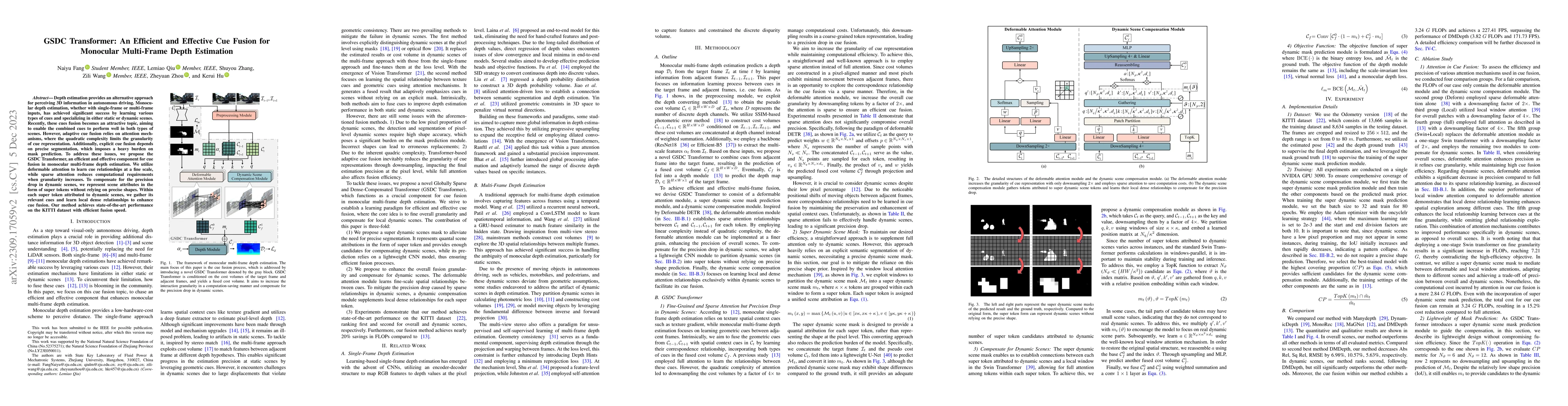 Thumbnail for GSDC Transformer: An Efficient and Effective Cue Fusion for Monocular
  Multi-Frame Depth Estimation