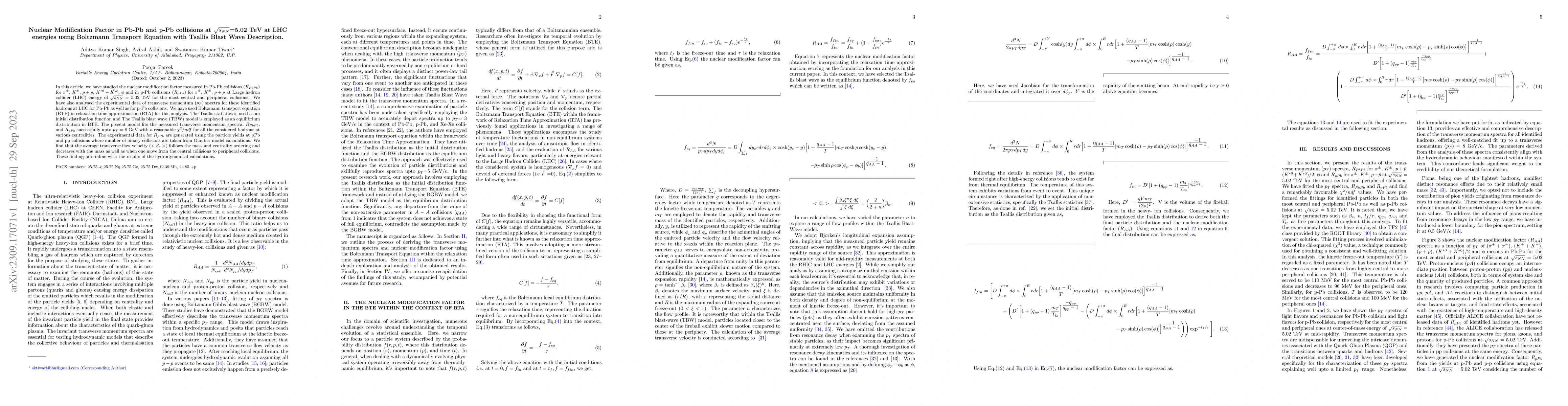 Thumbnail for Nuclear Modification Factor in Pb-Pb and p-Pb collisions at
  $\sqrt{s_{NN}}$=5.02 TeV at LHC energies using Boltzmann Transport Equation
  with Tsallis Blast Wave Description
