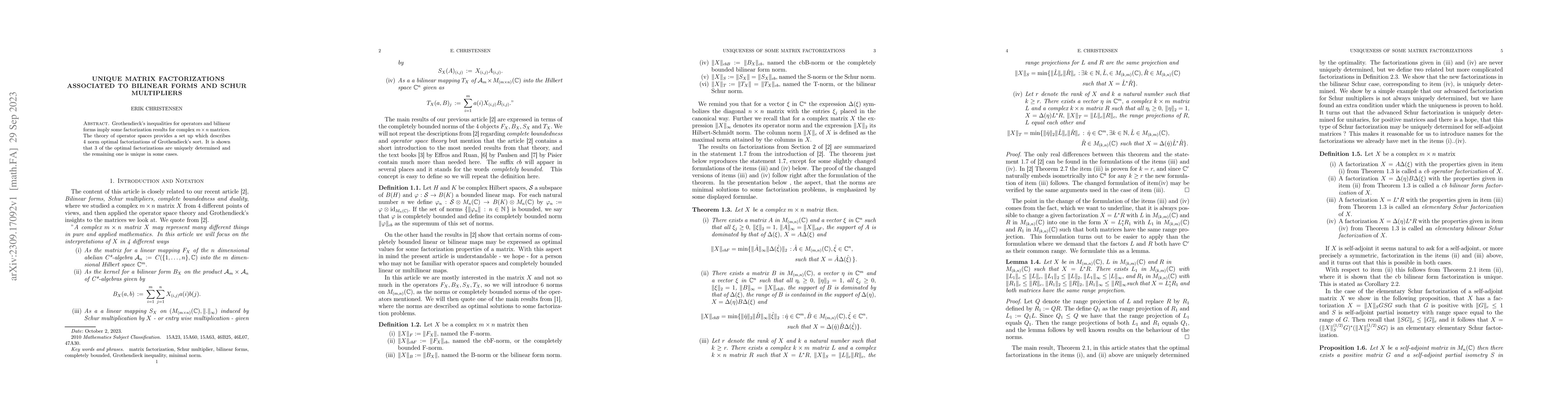 Thumbnail for Unique Matrix Factorizations associated to Bilinear Forms and Schur
  Multipliers