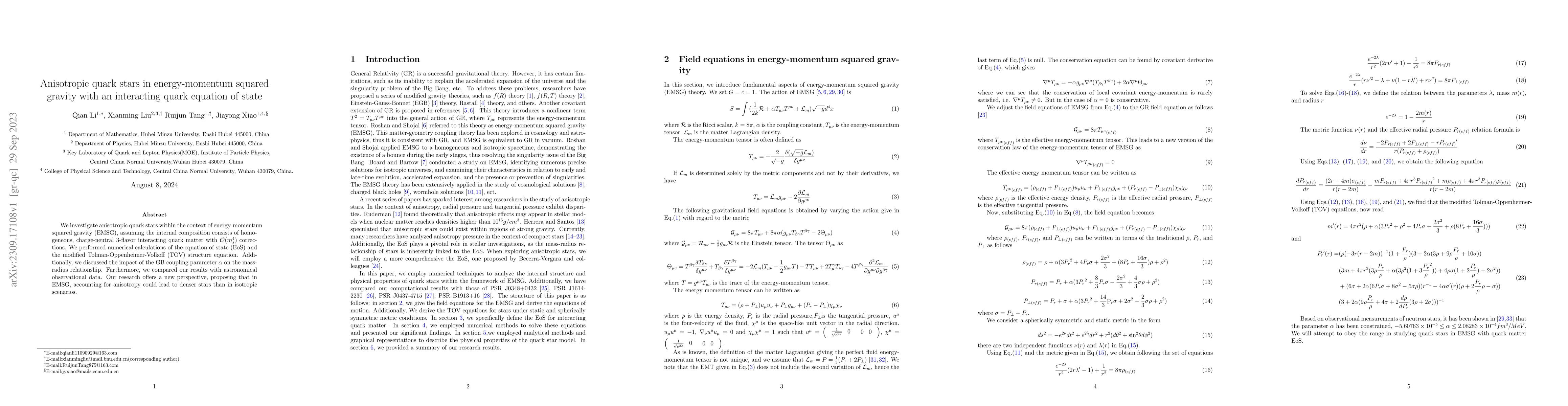 Thumbnail for Anisotropic quark stars in energy-momentum squared gravity with an
  interacting quark equation of state