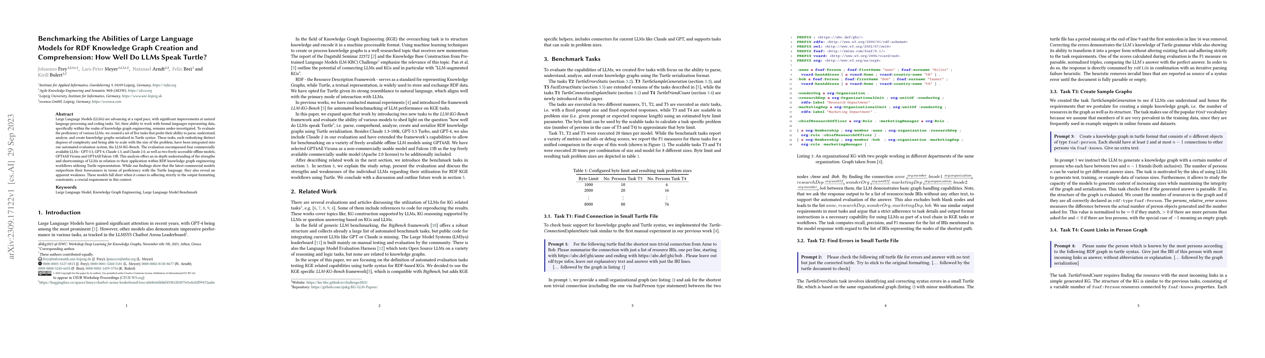 Thumbnail for Benchmarking the Abilities of Large Language Models for RDF Knowledge
  Graph Creation and Comprehension: How Well Do LLMs Speak Turtle?