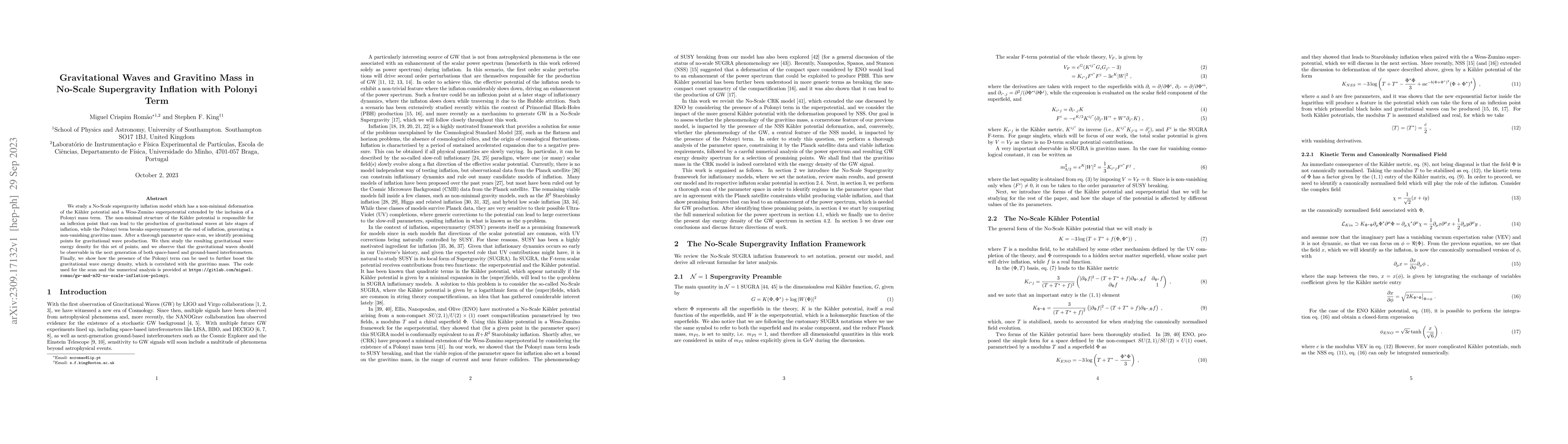 Thumbnail for Gravitational Waves and Gravitino Mass in No-Scale Supergravity
  Inflation with Polonyi Term