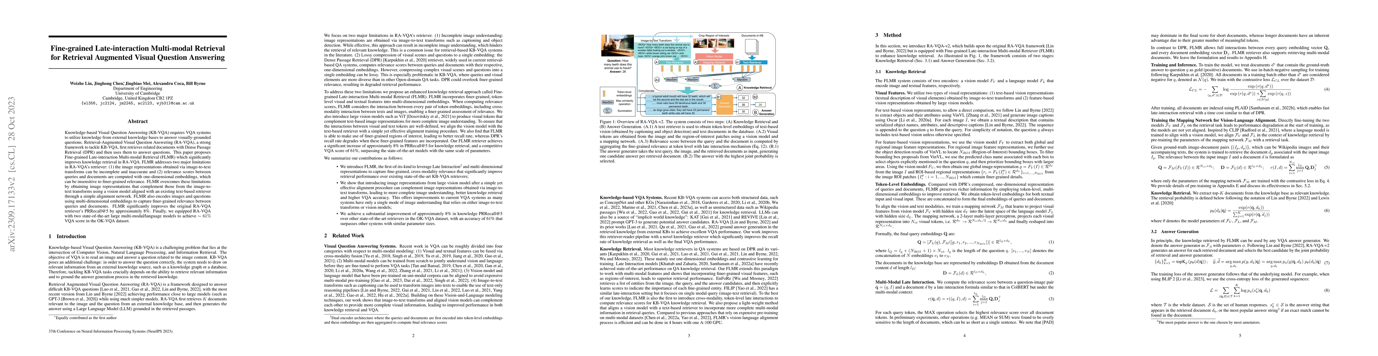 Thumbnail for Fine-grained Late-interaction Multi-modal Retrieval for Retrieval
  Augmented Visual Question Answering