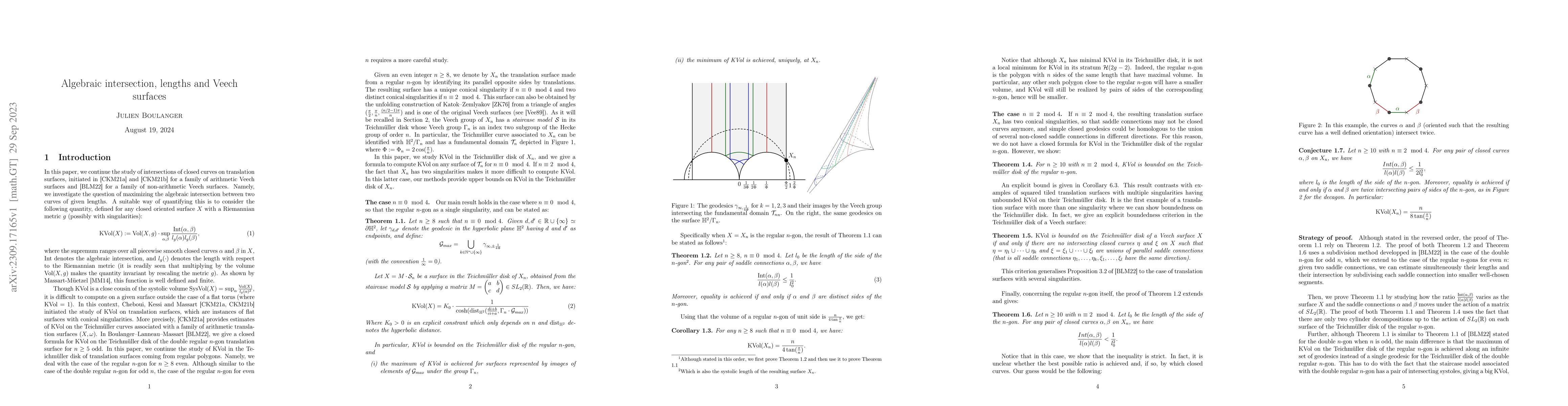 Thumbnail for Algebraic intersection, lengths and Veech surfaces