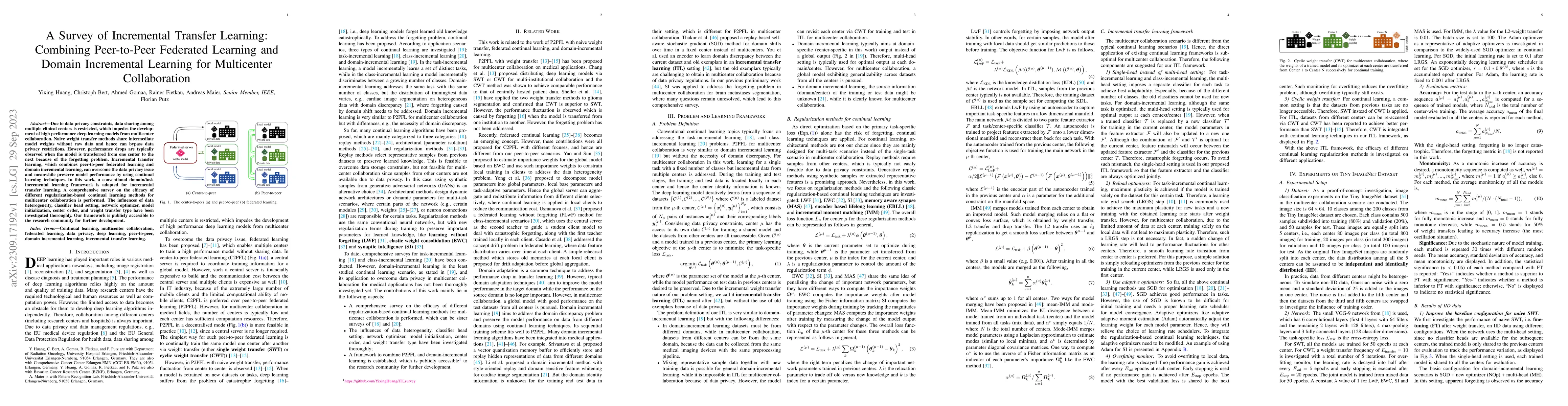 Thumbnail for A Survey of Incremental Transfer Learning: Combining Peer-to-Peer
  Federated Learning and Domain Incremental Learning for Multicenter
  Collaboration