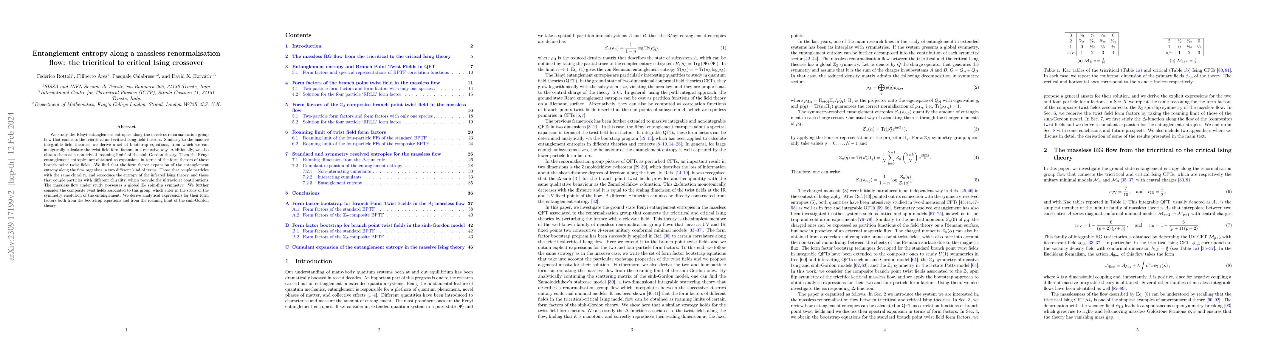 Thumbnail for Entanglement entropy along a massless renormalisation flow: the
  tricritical to critical Ising crossover